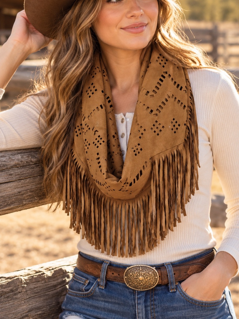 Brown Faux Suede Fringe Infinity Scarf Laser Cut Boho Western